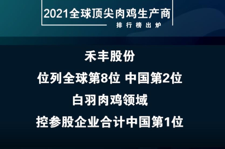 禾豐股份位列2021全球肉雞生產商第8位，白羽肉雞領域中國第1位