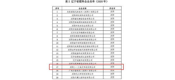 沈陽二一三電子科技有限公司榮登2020年遼寧省瞪羚企業榜單