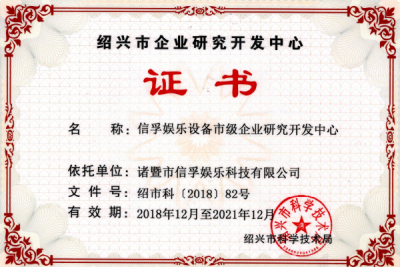 Certificate of Shaoxing Enterprise Research and Development Center 2019
