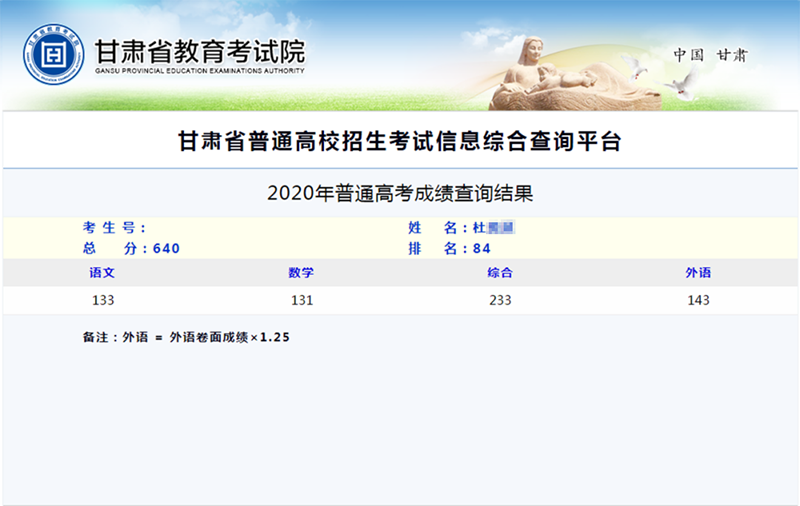 文科考生杜**同学高考考出640分的好成绩位列甘肃省第84名