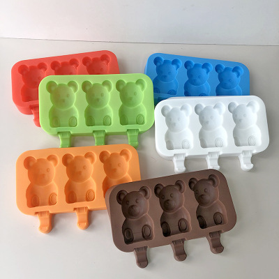 卡通小熊动物雪糕硅胶模具家用3连雪糕冰棒冰淇淋模具