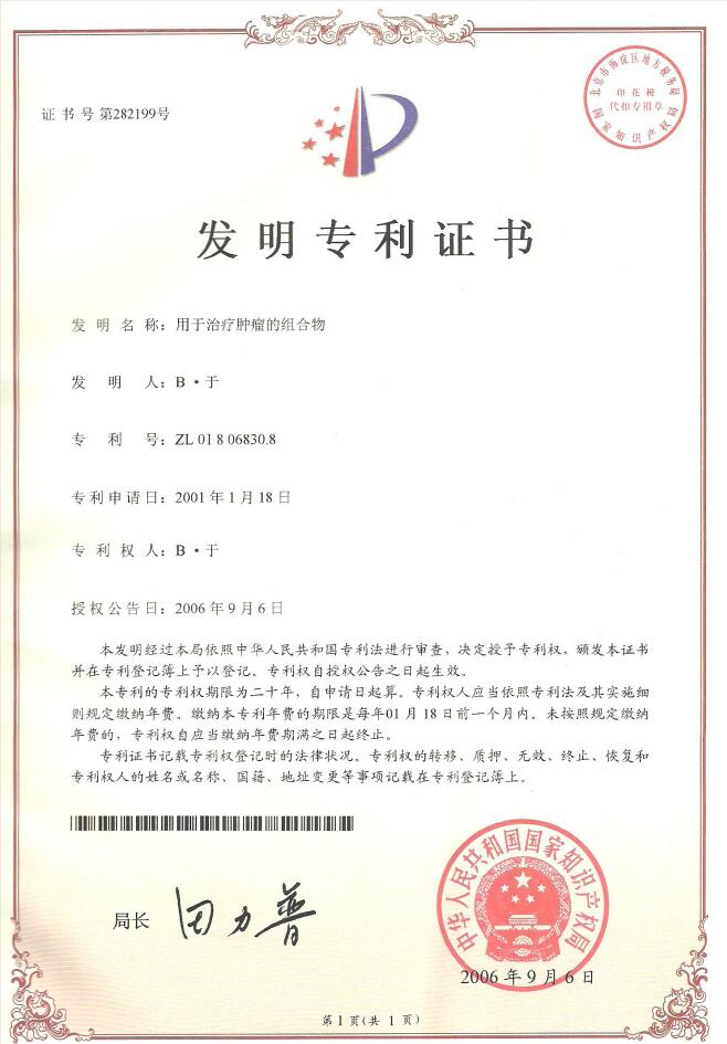 中国专利：用于治疗肿瘤的组合物