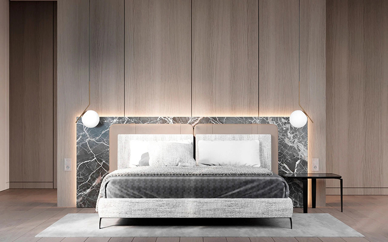 极简的床背景，简约不简单，融入了设计师们的灵感，淋漓，浪漫，不断提升生活品质。
